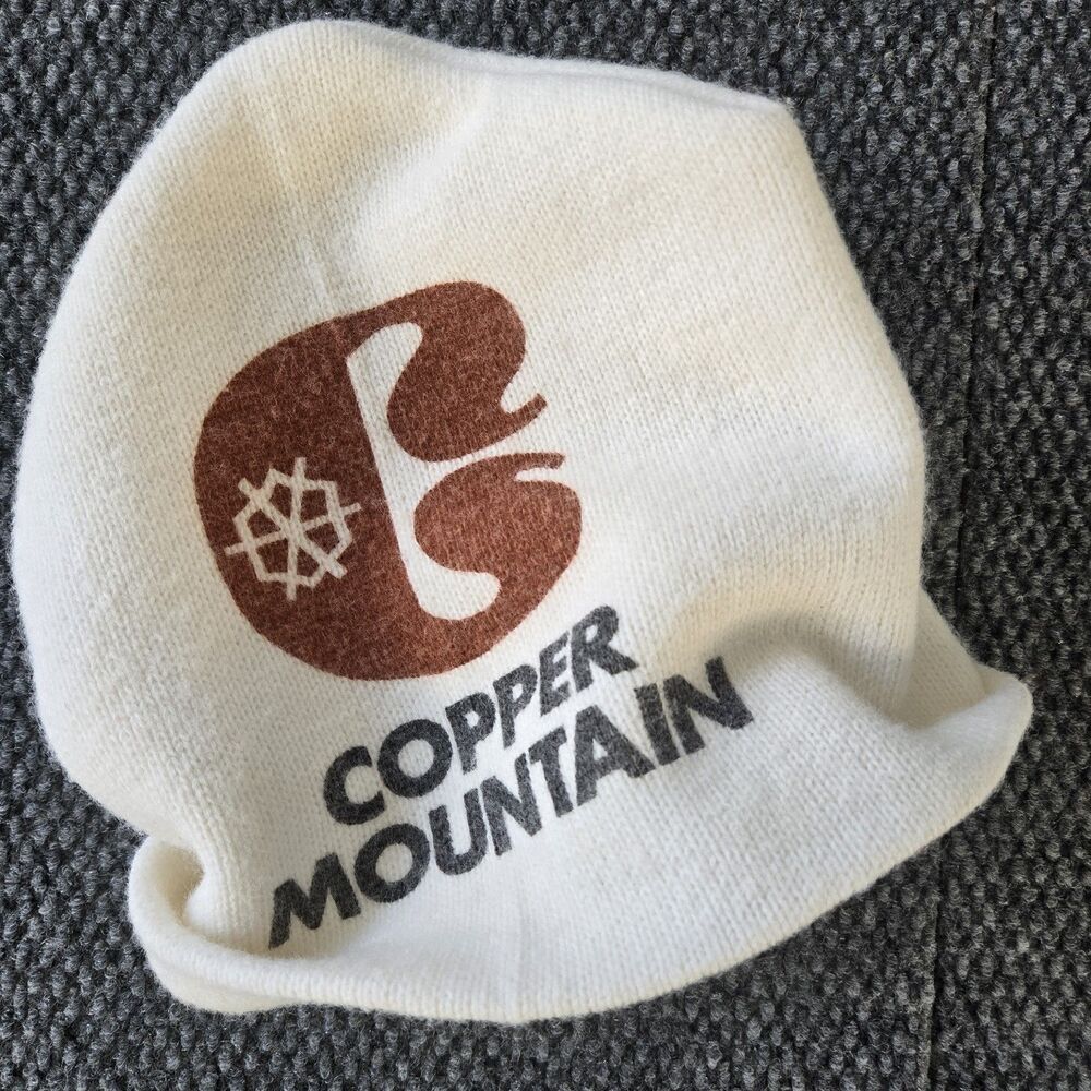 VTG 70s Copper Mountain Ski Resort Beanie Hat White Orlon Acrylic Made In USA